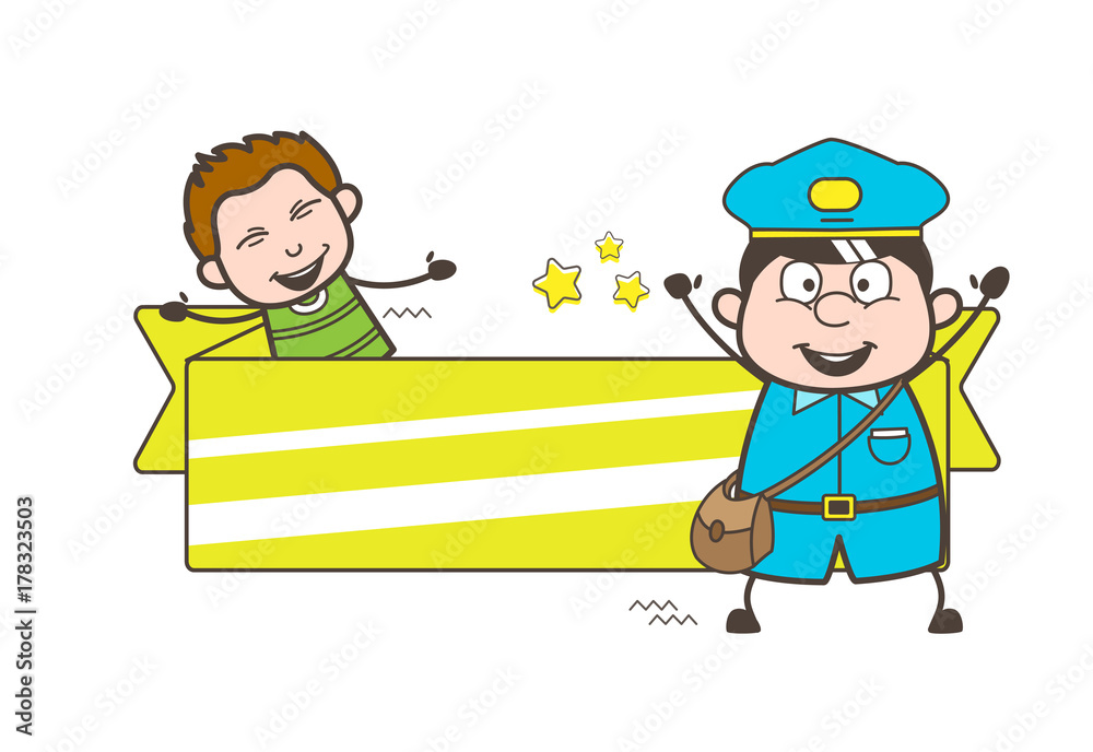 Cheerful Postman with Happy Kid and Message Banner Cheerful Postman with Happy Kid and Message Banner