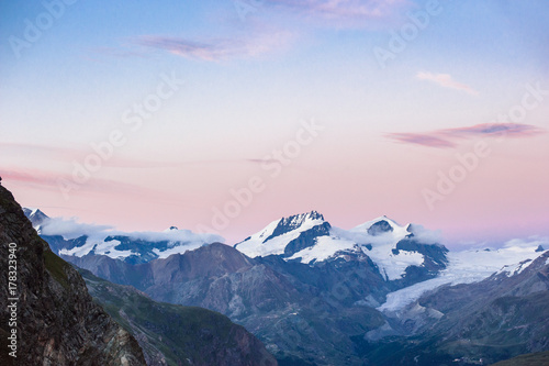 Panorama with Allalinhorn, Rimpfischorn and Strahlhorn after sun photo