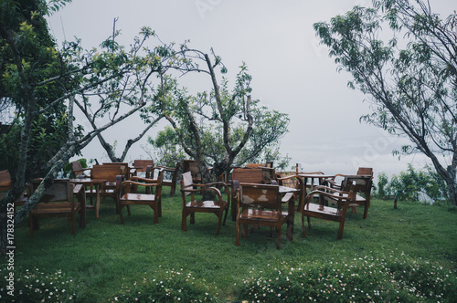 The terrace in forest on rainy day. Outdoor barbecue place and pavilion with natural view in mountain.