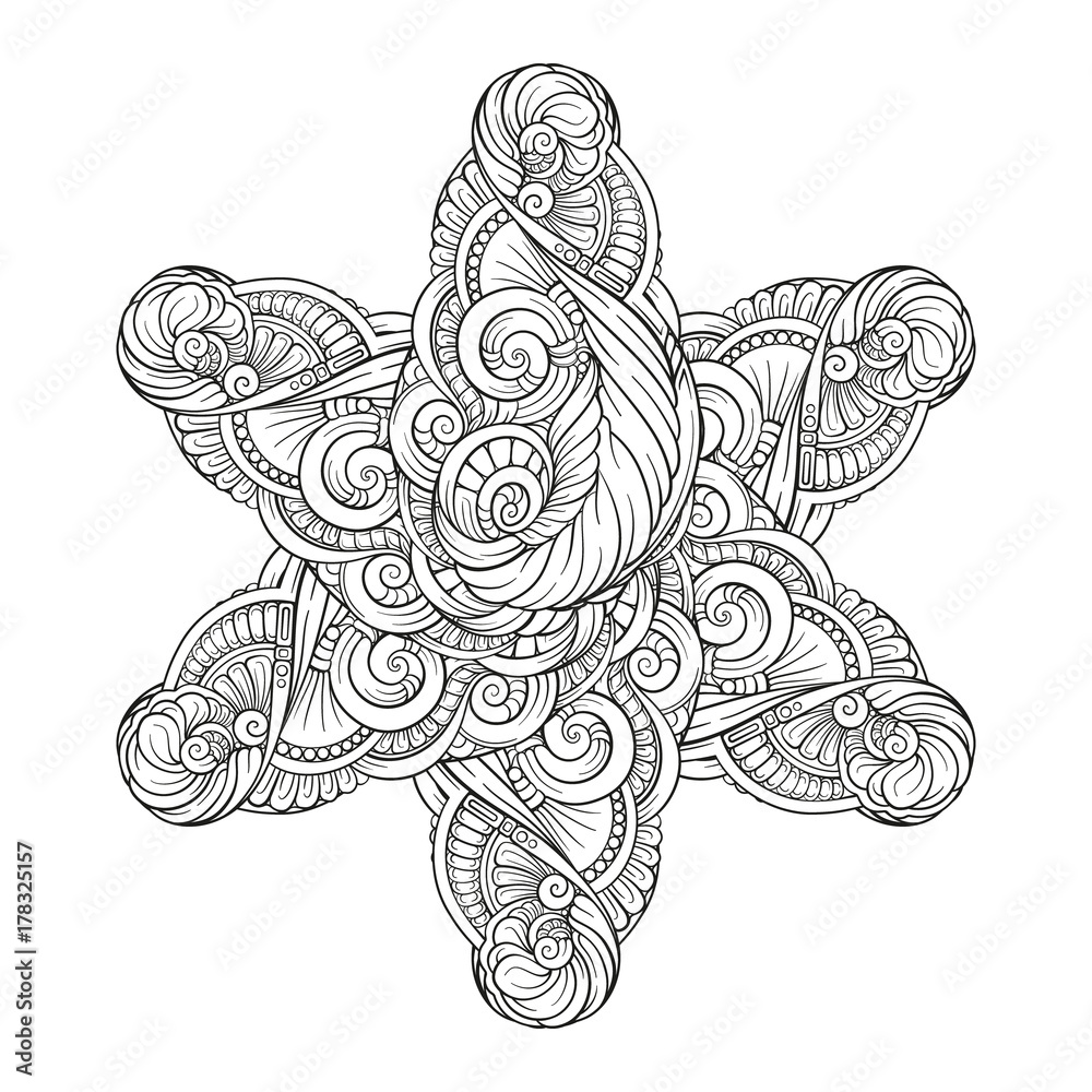 Fototapeta premium Abstract black and white snowflake shaped mandala pattern