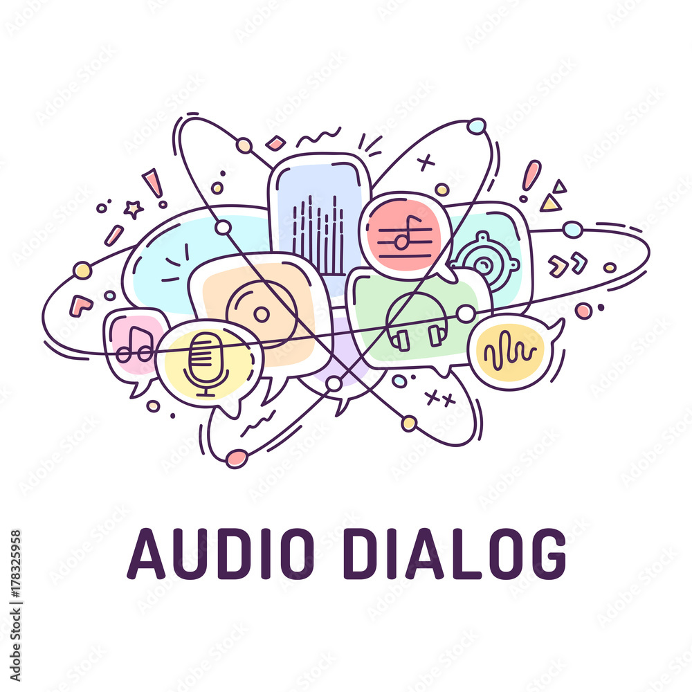 Illustration from audio or music icons in chat bubbles with three orbital ovals
