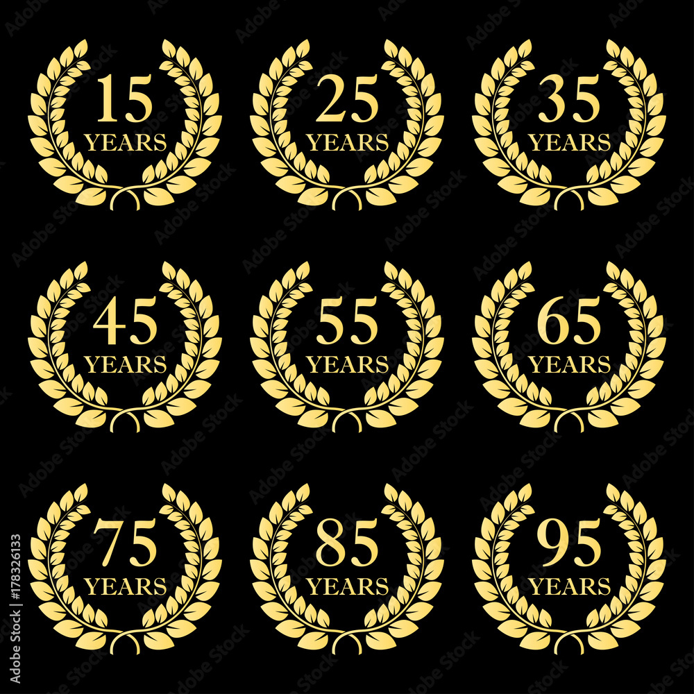 Anniversary laurel wreath icon set. 15, 25, 35, 45, 55, 65, 75, 85, 95 years. Template for congratulation design. Vector illustration.