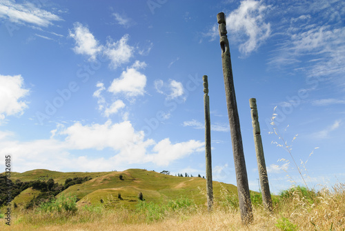 Maori traditional wooden pou or totem poles at Otatara Pa in Hawkes Bay New Zealand
