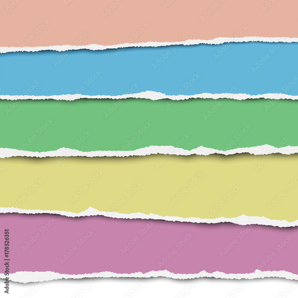 Five horizontal torn layers of paper of different colors placed one under other with soft shadow. Template paper design. Vector illustration.
