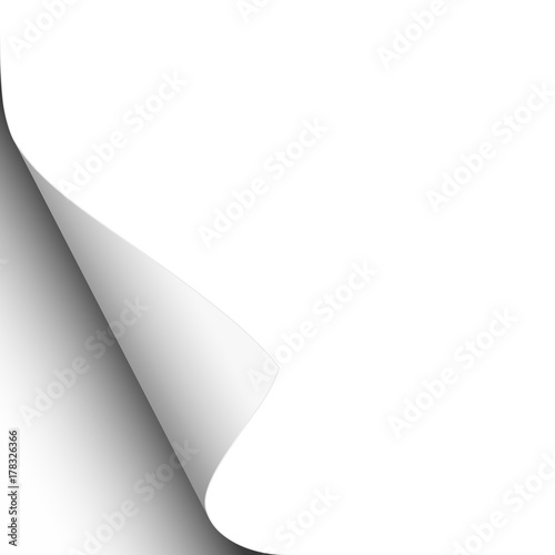 White sheet of paper with lower left paper curl. Vector template paper design.