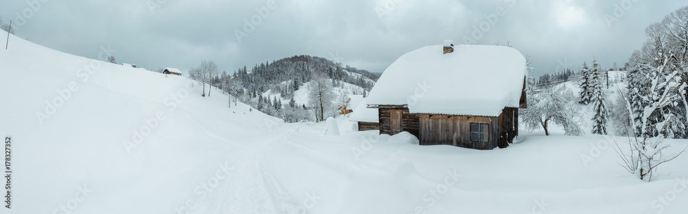 Winter Carpathian Mountains landscape.