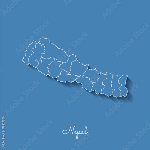 Nepal region map: blue with white outline and shadow on blue background. Detailed map of Nepal regions. Vector illustration.