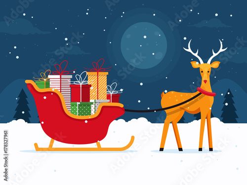 Santa's Sleigh with Presents and Reindeer on Christmas Night. Flat Design Style. 