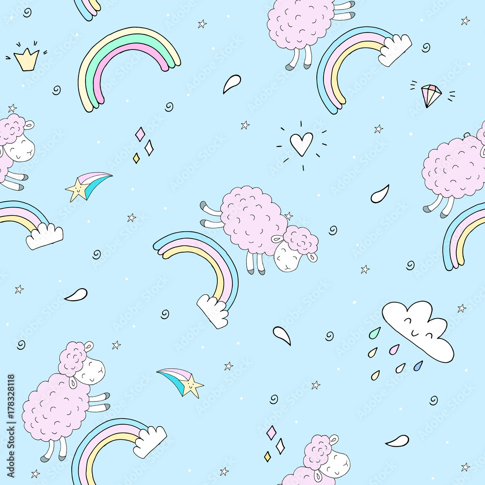 Cute seamless pattern with funny sheep. vector illustration