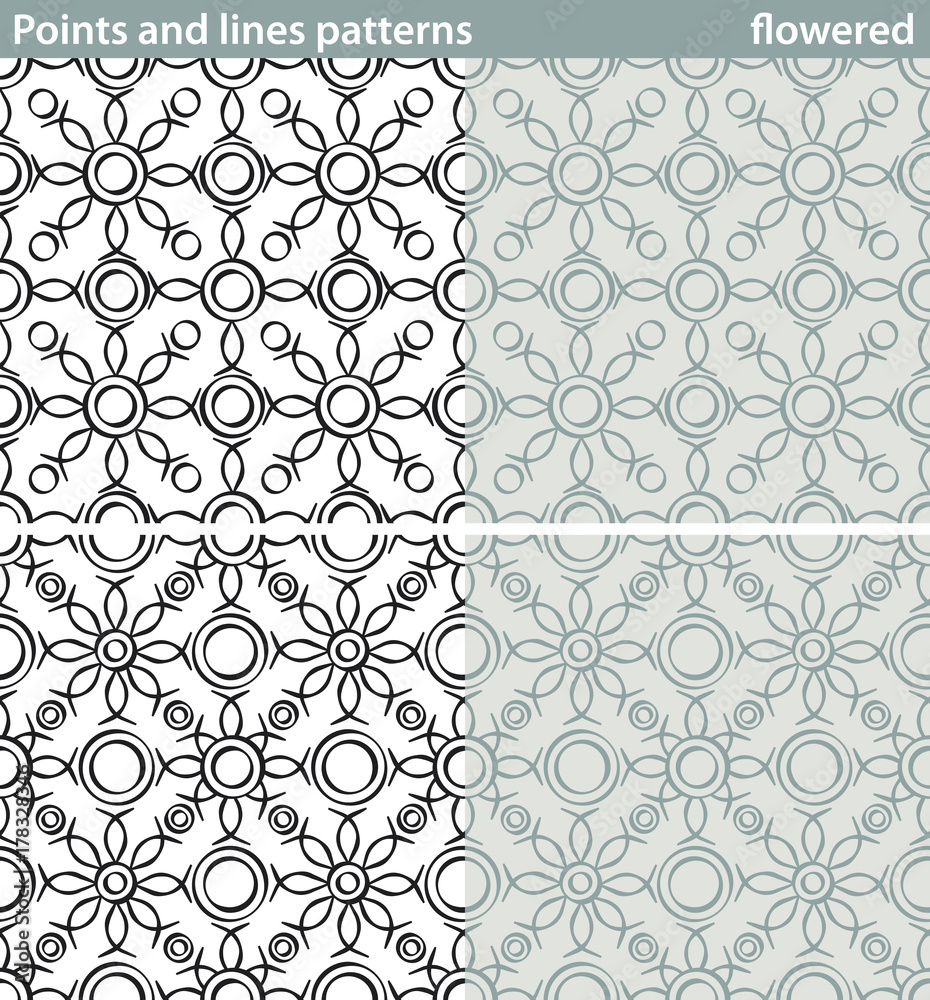 Points and lines patterns, flowered. Four seamless patterns made with dots and lines.
