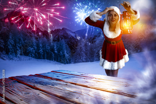 santa claus woman and desk of free space 