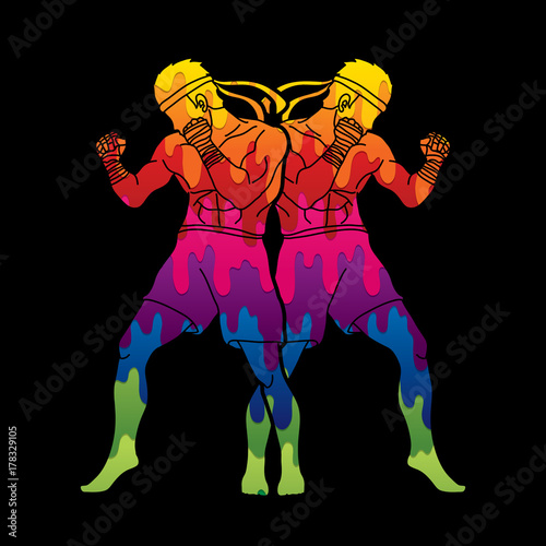 Muay Thai, Thai boxing standing action designed using melting colors graphic vector