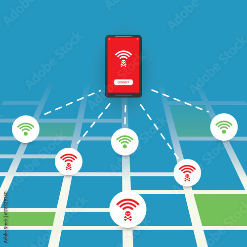 Unsecured Public Wireless Hotspot Design with Street Map - Wifi Security Breaches, Business Cybercrime Concept - Vector Illustration 