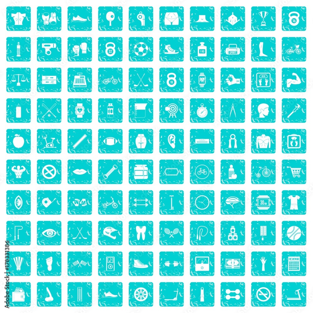 100 kettlebell icons set grunge blue