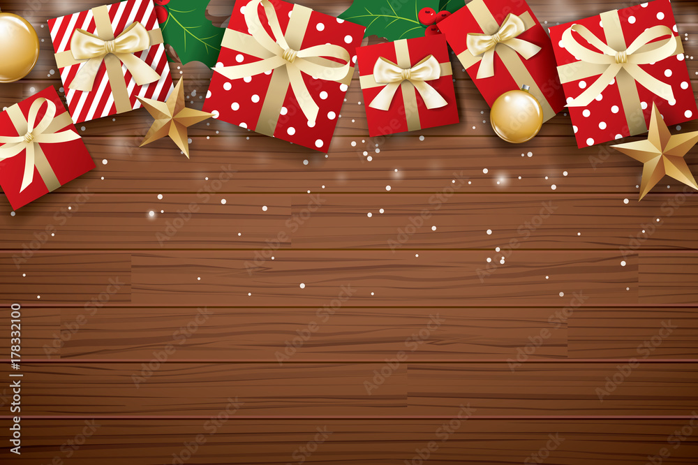 Merry christmas background design template. Gift box and gold ball on brown wooden.