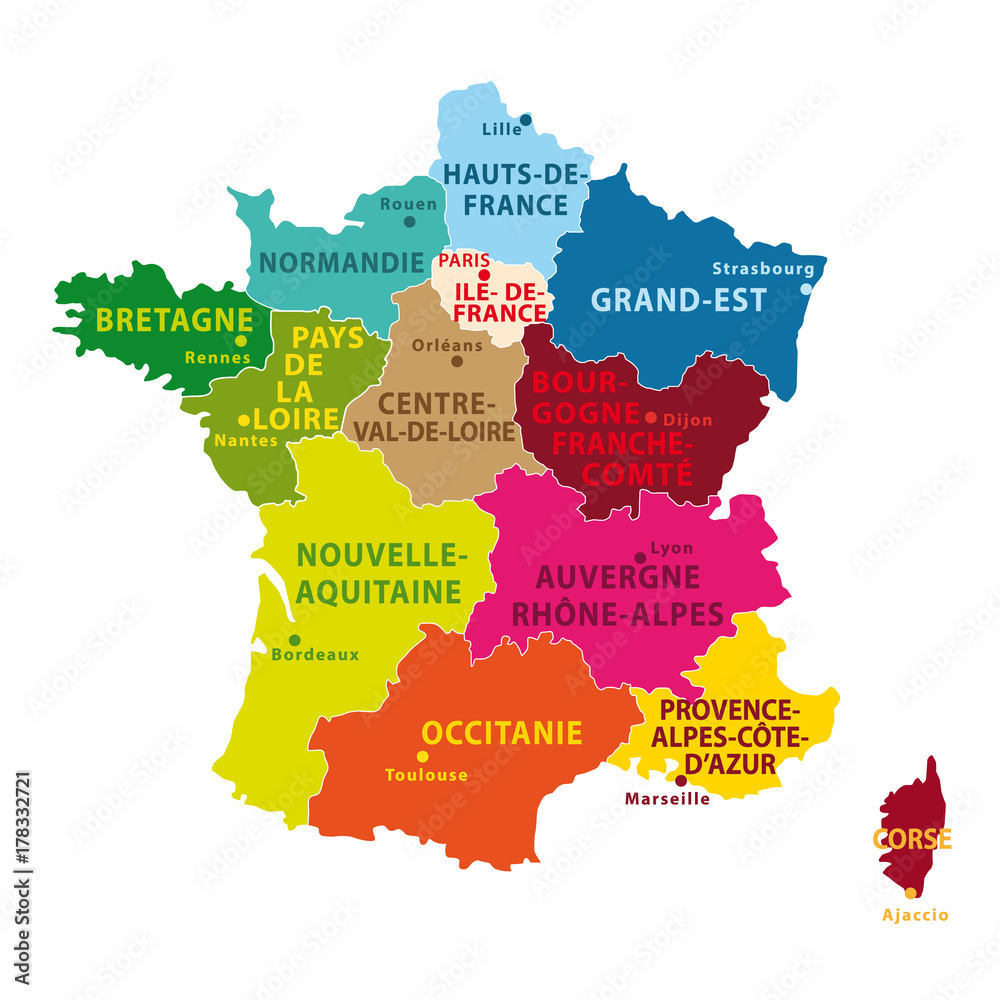 Map De France Avec Regions Carte De France Colorée Avec Nouvelles Régions Depuis 2016. Stock Vector |  Adobe Stock