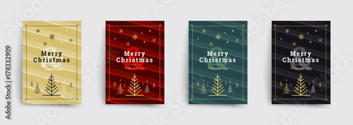 Set of christmas brochures templates. Minimal covers design with christmas tree and snow. Trendy stripes patterns. Vector backgrounds.
