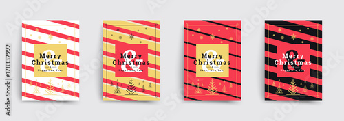 Set of christmas brochures templates. Minimal covers design with christmas tree and snow. Trendy stripes patterns. Vector backgrounds.