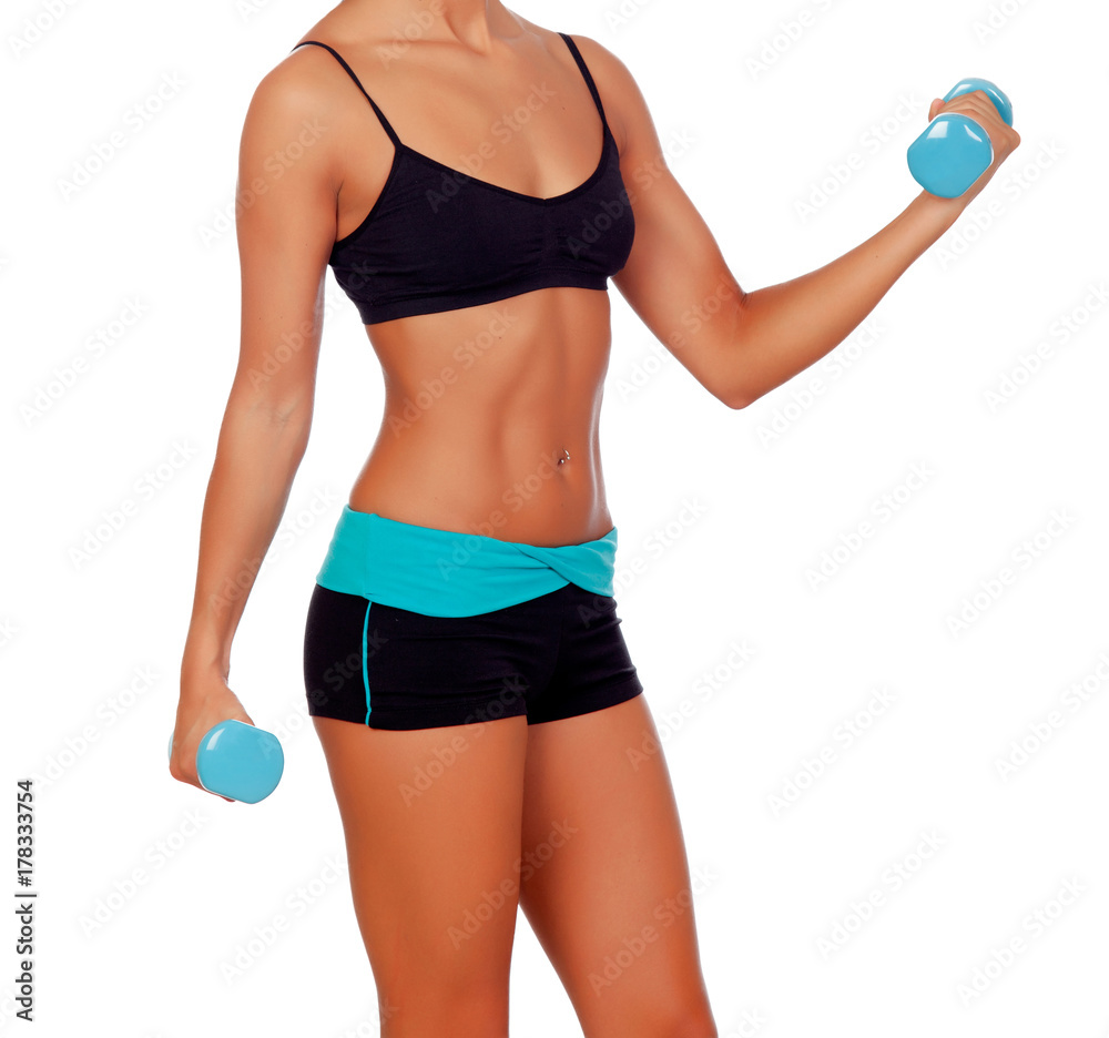 Female muscular body with dumbbels