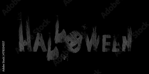 Happy Halloween, slogan, banner, open on a black background. spiders in the night