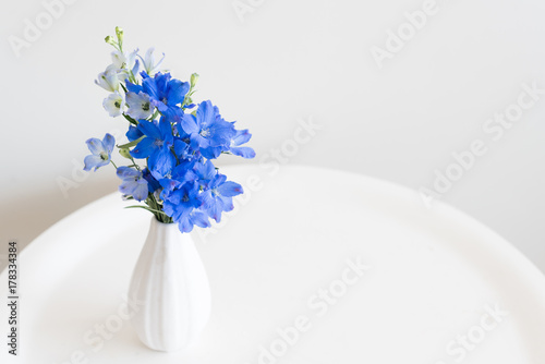 Εκτύπωση καμβά High angle close up view of blue delphinium flowers in small white vase on round