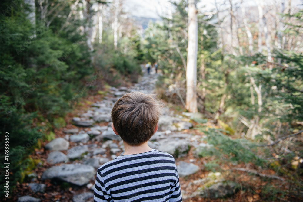 Boy looks forward towards a mountain hiking trail Boy looks forward towards a mountain hiking trail