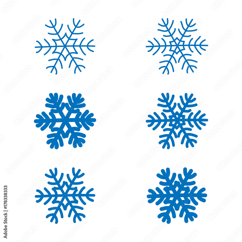 Snowflakes signs set. Blue Snowflake icons isolated on white background. Snow flake silhouettes. Symbol of snow, holiday, cold weather, frost. Winter design element Vector illustration Snowflakes signs set. Blue Snowflake icons isolated on white background. Snow flake silhouettes. Symbol of snow, holiday, cold weather, frost. Winter design element Vector illustration