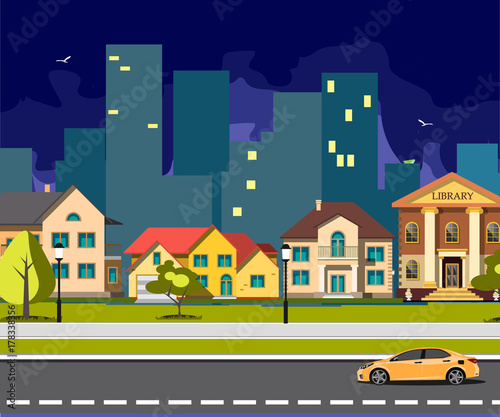 Night city cartoon with road. © sashazerg