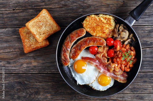 full english breakfast on frying pan