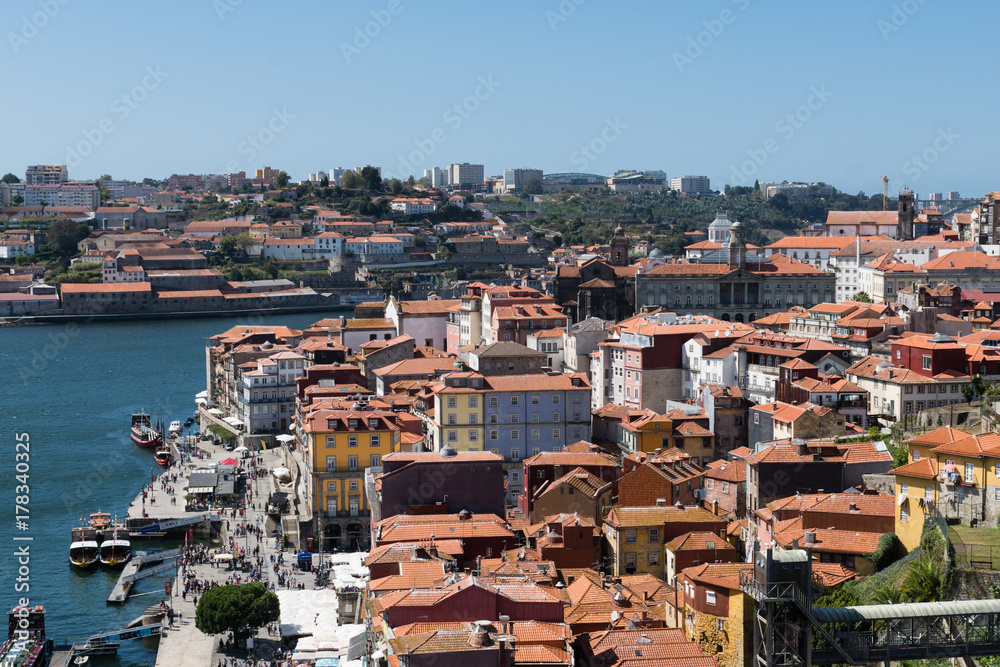 Top view of Douro river and old Porto downtown, Portugal.
