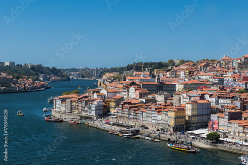 Top view of Douro river and old Porto downtown, Portugal. 