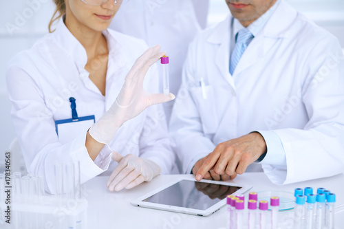 Wallpaper Mural Team of  scientific researchers in laboratory studying substances or blood sample. New vaccine for pharmacology industry is s almost ready. Medicine and science concept Torontodigital.ca