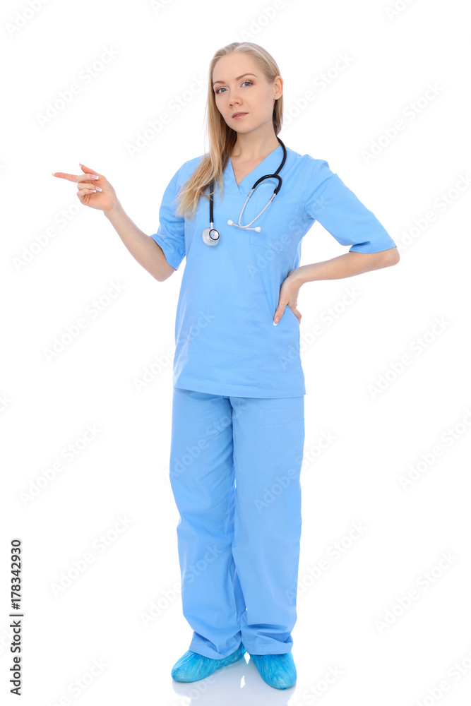 Smiling young nurse portrait isolated over white background. 