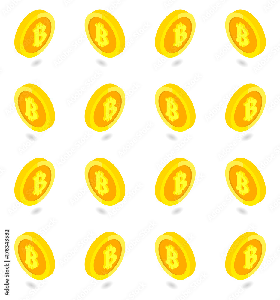 Isometric golden bitcoin set isolated pattern Isometric golden bitcoin set isolated pattern