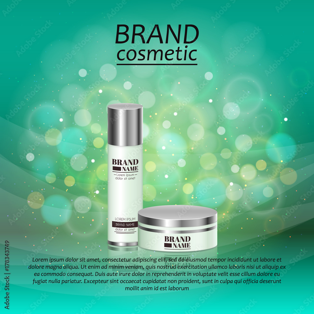 3D realistic cosmetic bottle ads template. Cosmetic brand advertising concept design with glitters and bokeh background