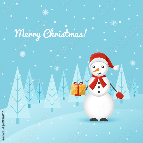 Snowman on a snowfall background and a Christmas tree © kalen