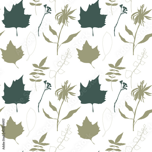 Floral vector seamless pattern with wild flowers, platan or maple and ivy leaves and twigs with berries.