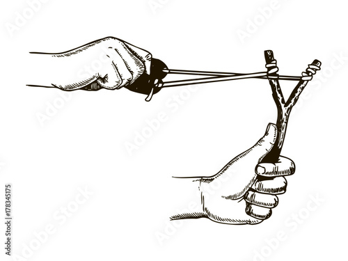 Slingshot in hands engraving vector illustration