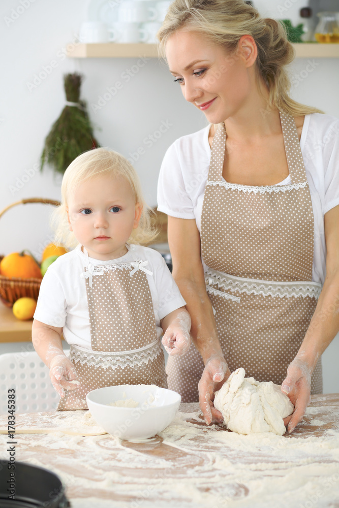Mother and little daughter are cooking in the kitchen. Spending time all together or happy family concept