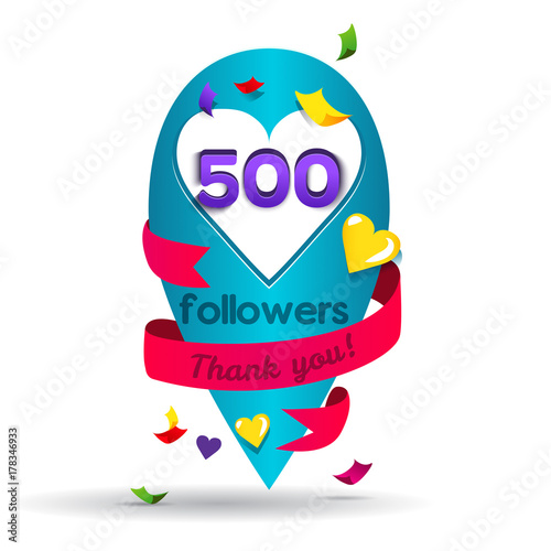 Thank you 500 followers network card. Vector design template for friends, subscribers and followers. Banner for Social Networks. Card for user who celebrates a big number of followers.
