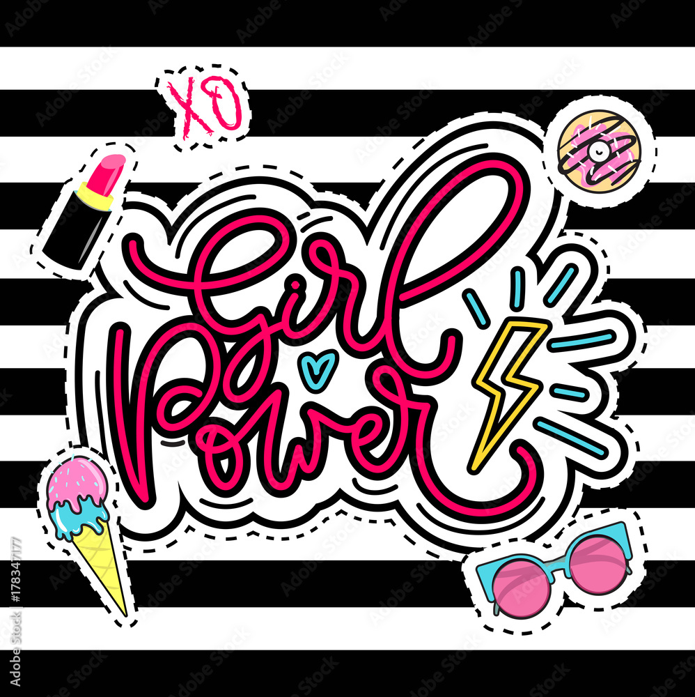 Girl power vector illustration. Modern feminism quote with calligraphy. Hand drawn inspirational phrase with ice-cream, lipstick,donut, sunglasses elements. 