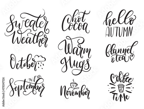 Fall calligraphy set. Big set of autumn quotes isolated on white background. Sweater weather, hot cocoa, warm hugs, flannel and tea, coffee time, hello autumn, october. Vector illustration