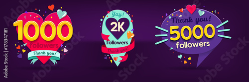 Follow Memphis Colorful Labels set. Memphis card set for social media networks and follower. Thank you followers Banners. 1000 followers. 2K followers. 5000 followers.