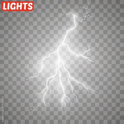 Set of lightnings. Thunder-storm and lightnings. Magic and bright lighting effects. Vector Illustration