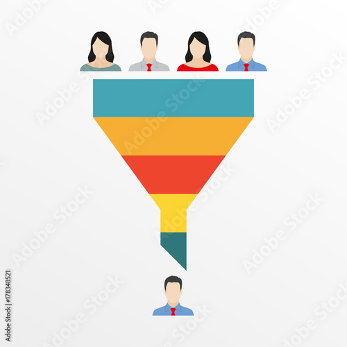 Funnel infographics template with people icons: customers or employees. Marketing, Sales or HR funnel concept in flat design. Vector illustration.