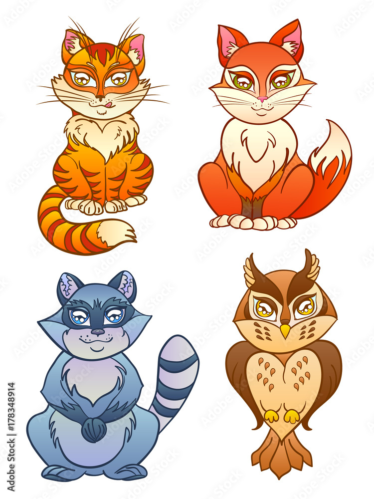 cute animals set. isolated vector animals in cartoon style including fox, owl, raccoon, cat. cute animals set. isolated vector animals in cartoon style including fox, owl, raccoon, cat.