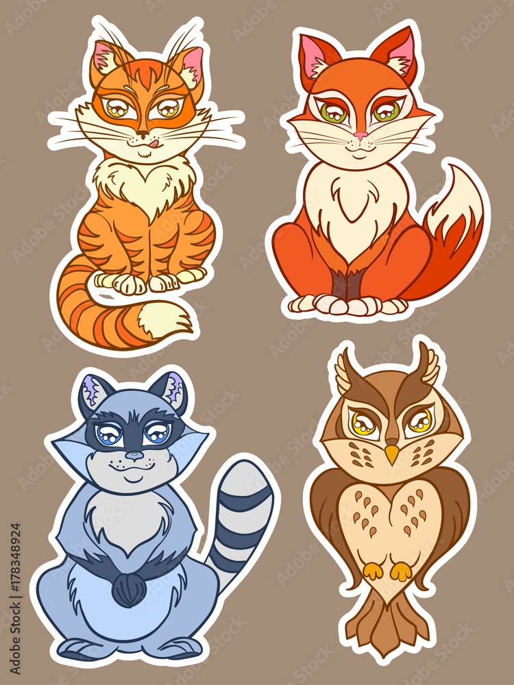 cute animals set. isolated vector animals in cartoon style including fox, owl, raccoon, cat.