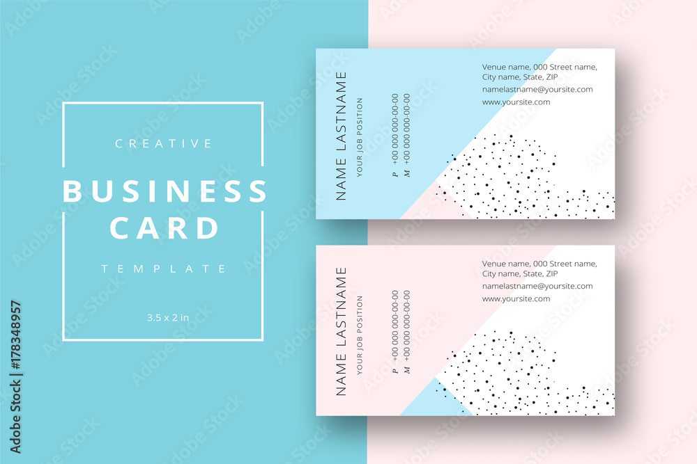 Trendy minimal abstract business card template in pink and blue. Modern corporate stationary id layout with geometric lines. Vector fashion background design with information sample name text. Trendy minimal abstract business card template in pink and blue. Modern corporate stationary id layout with geometric lines. Vector fashion background design with information sample name text.