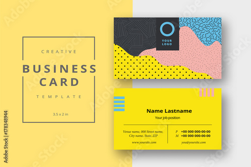 Trendy minimal abstract business card template in memphis style. Modern corporate stationary id layout with geometric lines. Vector fashion background design with information sample name text.