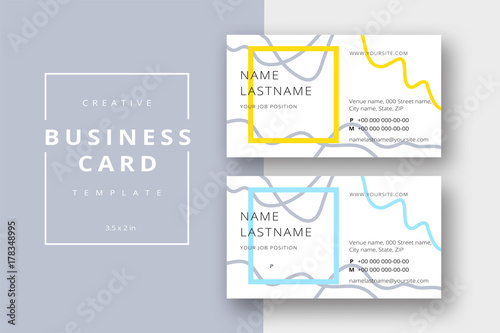 Trendy minimal abstract business card template in yellow and blue. Modern corporate stationary id layout with geometric lines. Vector fashion background design with information sample name text.